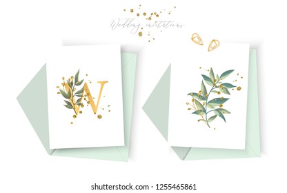 Wedding floral golden invitation card envelope save the date minimalism design with green tropical leaf herbs and gold splatters. Botanical elegant decorative vector template watercolor style