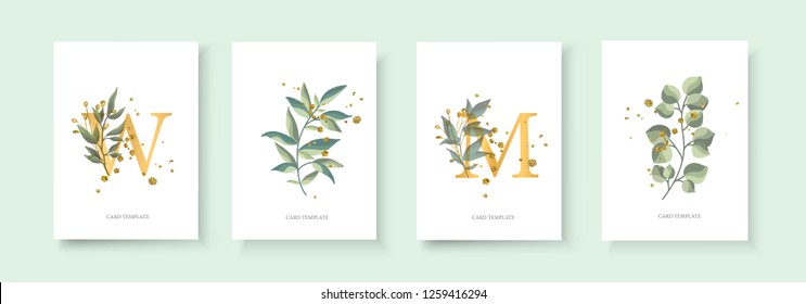 Wedding floral golden invitation card envelope save the date minimalism design with green tropical leaf herbs and gold splatters. Botanical elegant decorative vector template watercolor style