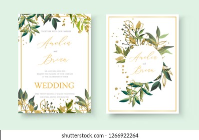 Wedding floral golden invitation card envelope save the date minimalism design with green tropical leaf herbs and gold splatters. Botanical elegant decorative vector template watercolor style