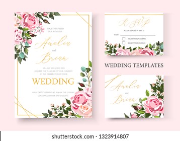 Wedding floral golden invitation card save the date design with pink flowers roses and green leaves wreath and frame. Botanical elegant decorative vector template in watercolor style