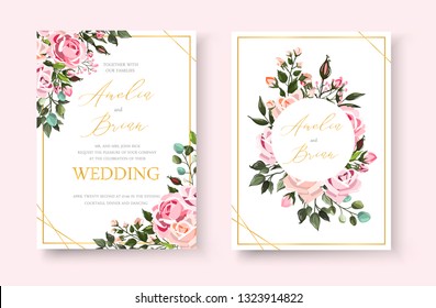 Wedding floral golden invitation card save the date design with pink flowers roses and green leaves wreath and frame. Botanical elegant decorative vector template in watercolor style