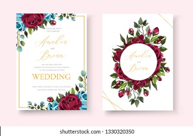 Wedding floral golden invitation card save the date design with bordo navy blue flowers roses and green leaves wreath and frame. Botanical elegant decorative vector template in watercolor style