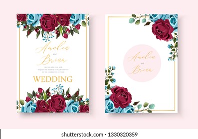 Wedding floral golden invitation card save the date design with bordo navy blue flowers roses and green leaves wreath and frame. Botanical elegant decorative vector template in watercolor style