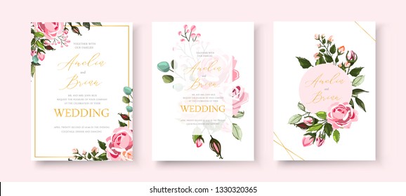 Wedding floral golden invitation card save the date design with pink flowers roses and green leaves wreath and frame. Botanical elegant decorative vector template in watercolor style