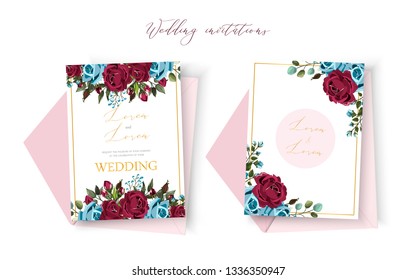 Wedding floral golden invitation card save the date design with bordo navy blue flowers roses and green leaves wreath and frame. Botanical elegant decorative vector template in watercolor style