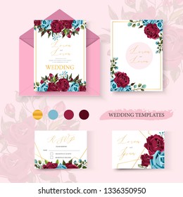 Wedding floral golden invitation card save the date design with bordo navy blue flowers roses and green leaves geometrical frame. Botanical elegant decorative vector template in watercolor style