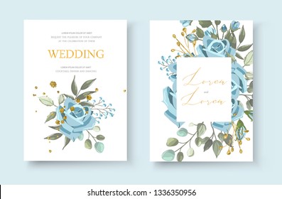 Wedding floral golden invitation card envelope save the date minimalism design with nature plant navy blue rose flower and gold splatters. Botanical elegant decorative vector template watercolor style