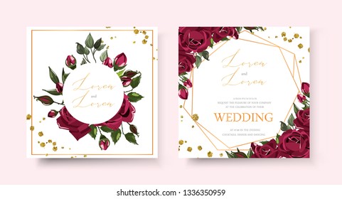 Wedding floral golden invitation card save the date design with bordo navy blue flowers roses green leaves geometrical frame gold splatters. Botanical elegant vector template in watercolor style