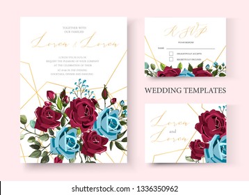 Wedding floral golden invitation card save the date design with bordo navy blue flowers roses and green leaves geometrical frame. Botanical elegant decorative vector template in watercolor style