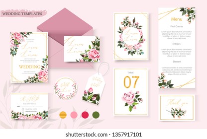 Wedding floral golden invitation card save the date rsvp table menu design with pink flowers roses and green leaves wreath and frame. Botanical elegant decorative vector template in watercolor style