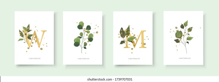 Wedding floral golden invitation card envelope save the date minimal design with green nature plant leaf herbs and gold splatters. Botanical elegant decorative vector invite template watercolor style