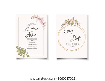 Wedding floral golden invitation card save the date design with pink flowers roses and green leaves wreath and frame. Botanical elegant decorative vector template in watercolor style