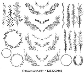 Wedding floral graphic elements set, dividers, laurel. Decorative invitation design. Vector illustration