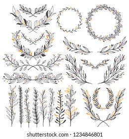 Wedding floral graphic elements set, dividers, laurel. Decorative invitation design. Vector illustration