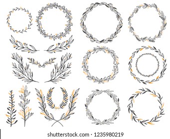 Wedding floral graphic elements set, dividers, laurel. Decorative invitation design. Vector illustration