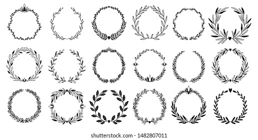 Wedding floral graphic elements set wreath, dividers, laurel. Decorative invitation design. Vector illustration
