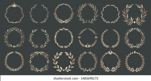 Wedding floral graphic elements set wreath, dividers, laurel. Decorative invitation design. Vector illustration