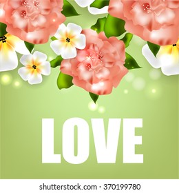 Wedding floral greeting card with bouquet of frangipani and sakura, pink peony flowers
