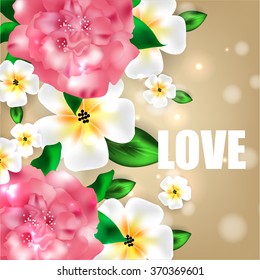 Wedding floral greeting card with bouquet of frangipani and sakura, pink peony flowers