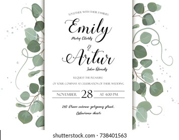 Wedding floral hand drawn invite invitation card design: Eucalyptus silver dollar branch greenery natural leaves watercolor style, rustic, elegant delicate green anniversary copy space beauty template