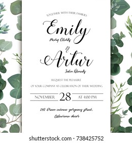 Wedding floral hand drawn invite invitation card design: Eucalyptus silver succulent cactus greenery natural leaves watercolor rustic elegant delicate green anniversary copy space beauty cute template