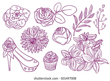 Wedding floral hand drawn set. Fashion style. Vector artwork.