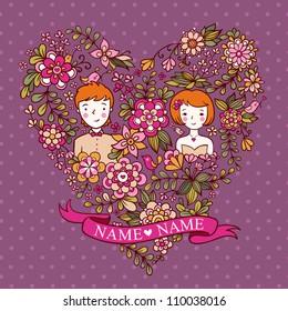 Wedding floral heart of violet with flowers and birds. The bride and groom. wedding invitation with a place under the names of the newlyweds.