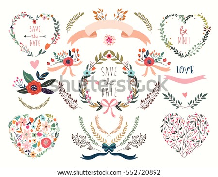 Wedding floral hearts collection. Save the date floral elements, laurels and flowers bouquets.