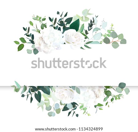 Wedding floral horizontal vector design banner. White rose and hydrangea, mint eucalyptus, rustic greenery. Watercolor style collection. Mediterranean tree. All elements are isolated and editable