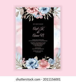 Wedding Floral Invitation Card With Pink Blue Flowers