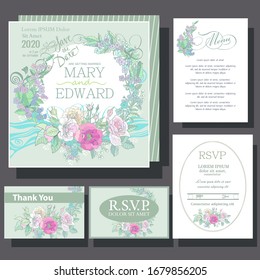 Wedding floral invitation card with roses. RSVP card, menu design