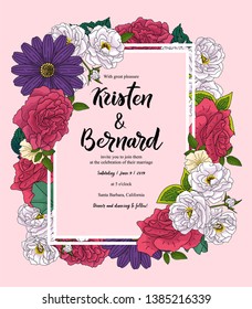 Wedding floral invitation card, save the date design with pink, red flowers - roses and green leaves wreath and frame. Botanical elegant decorative vector template