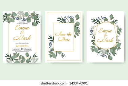 Wedding floral invitation card save the date design with green leaf herbs eucalyptus frame. Botanical elegant decorative vector template