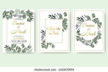 Wedding floral invitation card save the date design with green leaf herbs eucalyptus frame. Botanical elegant decorative vector template