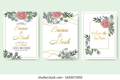 Wedding floral invitation card save the date design with green leaf herbs eucalyptus, rose, succulent and golden frame. Botanical elegant decorative vector template