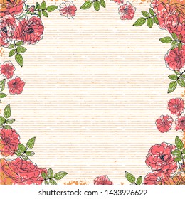 Wedding floral invitation card, save the date design with pink, red flowers - roses and green leaves wreath and frame. Botanical elegant decorative vector template