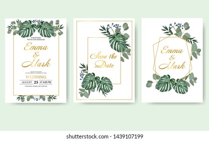 Wedding floral invitation card save the date design with green leaf herbs eucalyptus frame. Botanical elegant decorative vector template