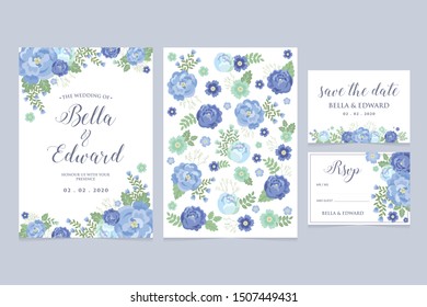 Wedding floral invitation card save the date design with blue flowers, roses and green leaves semi wreath and frame. Botanical elegant decorative vector template in vector style