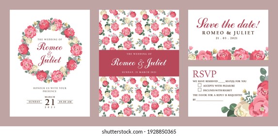 Wedding floral invitation card save the date design with flowers, pink and red roses with green eucalyptus leaves wreath and frame. Botanical elegant decorative vector template in vector style 