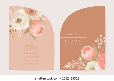 Wedding floral Invitation card, vector modern frame flowers design. Template dry pampas grass, dahlia watercolor. Botanical golden foliage art deco poster, trendy luxury background illustration