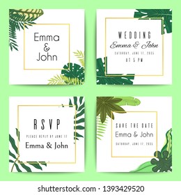 Wedding floral invitation cards with tropical palm tree green leaves vector illustration. Exotic forest greenery herbs and elegant golden frame. Luxury botanical natural template.