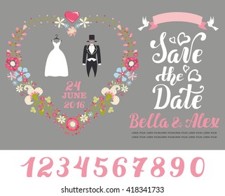 Wedding floral invitation cards.Invite wedding.Vintage vector background,bride,groom  dresses.Handwriting text,numbers.Illustration. Retro invite flyer.poster. Holiday fashion/Flowers in heart wreath