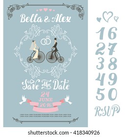 Wedding floral invitation cards.Vintage Wedding vector.Bride and groom couple,retro bicycle,retro bike.Handwriting text,numbers.Wedding invite flyer. Wedding invite poster. Wedding invite banner. 