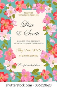 Wedding floral invitation with colorful spring flowers. Design for birthday, cards. Vector illustration. 