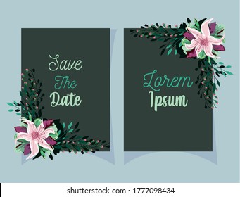 wedding floral invitation, flower leaves watercolor template card vector illustration