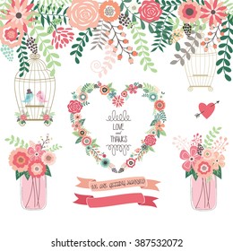 Wedding Floral Invitation.We Are Getting Married,Mason Jar,Wreath,Banner,Love and Thanks,Birdcage,Love Birds.