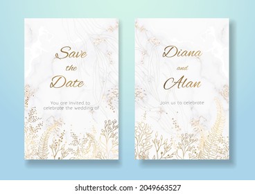 Wedding floral invitation gold colors. White background. Pastel shades. Save the date, thanks. Card design for certificate. Gold lines of flowers. Set of vector art templates