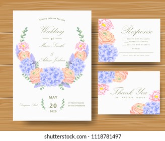 Wedding floral invitation with  hydrangea, ranunculus, peony, eucalyptus leaves, dusty miller