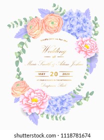 Wedding floral invitation with  hydrangea, ranunculus, peony, eucalyptus leaves, dusty miller