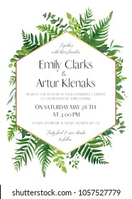 Wedding floral invitation, invite card. Vector modern elegant design with natural botanical green forest fern fronds, eucalyptus, palm leaves & greenery herbs with geometrical golden frame decoration